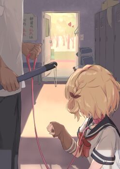 1boy 2girls absurdres ahoge animal_collar arm_warmers black_sailor_collar blonde_hair blush bow bowtie braid brown_arm_warmers collar commentary_request female_pervert from_side green_hair hair_bow hair_intakes hair_rings hand_up heart highres holding holding_leash indoors inuya_komaru leash long_hair looking_to_the_side multiple_girls open_door paw_pose pervert red_bow red_bowtie ren'ai_hajimemashite sailor_collar school_uniform serafuku sexually_suggestive shirt shizuka_sachi short_sleeves side_braid standing tsubatyissimo2 white_shirt