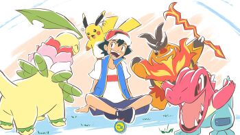 1boy ash_ketchum baseball_cap bayleef black_hair blue_vest closed_eyes cosplay crossed_legs emboar fangs feraligatr fire flower gen_1_pokemon gen_2_pokemon gen_5_pokemon hat holding leaf mega_emboar mega_emboar_(cosplay) mega_feraligatr mega_feraligatr_(cosplay) mega_meganium mega_meganium_(cosplay) mega_raichu_x mega_raichu_x_(cosplay) meganium nintendo on_shoulder one_eye_closed open_mouth pignite pikachu pokemon pokemon_(anime) pokemon_(creature) pokemon_journeys pokemon_on_shoulder raichu sergiromero shirt shoes short_hair short_sleeves sitting smile tail totodile vest white_shirt