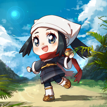 Rule 34 | 1girl, akari (pokemon), black hair, black sash, blue eyes, blue kimono, blue sky, blush, careful x, chibi, chibi only, cloud, day, eyelashes, fern, full body, galaxy expedition team survey corps uniform, grass, headscarf, hisuian poke ball, holding, holding poke ball, japanese clothes, kimono, lens flare, long hair, long sleeves, nintendo, obi, open mouth, outdoors, poke ball, pokemon, pokemon legends: arceus, ponytail, red scarf, sash, scarf, shadow, sidelocks, sky, smile, solo, standing, standing on one leg, teeth, upper teeth only, white background, white headscarf