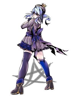 Rule 34 | 1girl, black gloves, blue eyes, blue hair, blue thighhighs, fingerless gloves, gloves, highres, hololive, hoshimachi suisei, hoshimachi suisei (1st costume), idol showdown, looking at viewer, looking back, official art, short hair, thighhighs, virtual youtuber