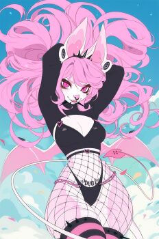 1girl animal_ears bat_ears bat_tail bat_wings black_gargoyley black_panties black_thighhighs breasts cat_girl cloud commission face_piercing fishnet_pantyhose fishnets furry furry_female green_background green_sky high-waist_pantyhose highres large_breasts long_hair long_sleeves mouth_piercing navel original panties pantyhose piercing pink_eyes pink_hair pink_thighhighs sky slit_pupils smile snout solo striped_clothes striped_thighhighs thighhighs underwear wings