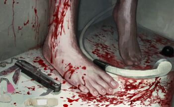 1other bandaid barefoot bleeding blood brutal_complex brutal_vap feet feet_only folding_knife foot_focus guro injury knife shower_(place) shower_head textless_version