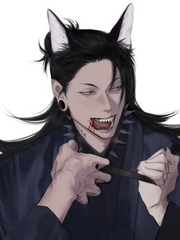 2boys 9enesiass animal_ears black_hair blood blood_on_face blood_on_tongue choker getou_suguru gojou_satoru hair_bun hair_pulled_back highres jujutsu_kaisen light_blush long_hair male_focus multiple_boys out_of_frame plug_(piercing) sharp_teeth simple_background spiked_choker spikes teeth tongue tongue_out upper_body white_background