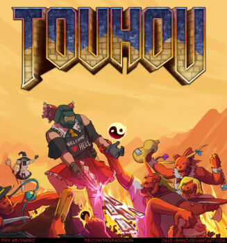 blonde_hair broom crossover cyberdemon david_hrusa demon doom_(series) doom_i doomguy epic gohei hakurei_reimu hell helmet highres hoshiguma_yuugi ibuki_suika kirisame_marisa knife komeiji_koishi parody reiuji_utsuho shirt shrine t-shirt touhou yin_yang