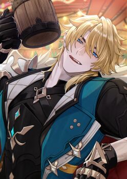 1boy blonde_hair blue_eyes commentary_request cross_scar facial_scar fang genshin_impact hair_between_eyes highres looking_at_viewer male_focus mismatched_eyebrows sato_nji scar scar_on_cheek scar_on_face solo tankard teeth tongue tongue_out upper_body varka_(genshin_impact)