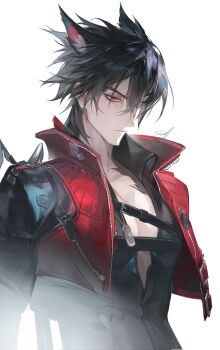 1boy animal_ears arknights arknights:_endfield belt black_belt black_gloves black_hair brown_eyes chest_belt commentary cropped_jacket english_commentary facial_scar gloves hair_between_eyes highres jacket male_focus pectoral_cleavage pectorals red_jacket scar scar_on_cheek scar_on_chest scar_on_face simple_background sollvarti solo tail upper_body white_background wolf_boy wolf_ears wulfgard_(arknights)