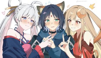 Rule 34 | 3girls, ^^^, animal ears, bare shoulders, black choker, blonde hair, blue eyes, blue hair, blue hoodie, blue kimono, blush, cho kaguya-hime!, choker, closed mouth, crescent, crescent hair ornament, eyeshadow, forehead jewel, fox shadow puppet, green eyes, grey hair, hair ornament, hair rings, hair stick, heart, highres, hood, hoodie, interlocked fingers, japanese clothes, kaguya (cho kaguya-hime!), kimono, long hair, long sleeves, looking at another, lop rabbit ears, makeup, multiple girls, natsuki (2917), open mouth, rabbit ears, red eyeshadow, red kimono, runami yachiyo, sakayori iroha, short hair, smile, sweatdrop, twintails, upper body, white background, yuri