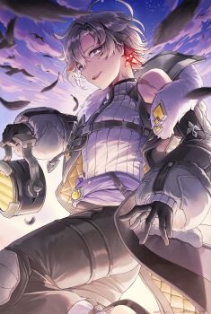 1boy absurdres ahoge bird black_coat black_gloves black_pants blue_eyes chest_harness cloud coat commentary coppepan dated earrings falling_feathers feathers fur-trimmed_coat fur_trim genshin_impact gloves grey_hair hair_between_eyes harness highres holding holding_lantern illuga_(genshin_impact) jewelry lantern looking_at_viewer male_focus mole mole_under_eye multicolored_hair open_clothes open_coat open_mouth pants purple_sash red_hair sash scar scar_on_neck scar_on_shoulder short_hair sky solo star_(sky) sweater teeth turtleneck turtleneck_sweater upper_teeth_only vision_(genshin_impact)