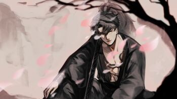 Rule 34 | 1boy, abs, absurdres, black hair, black robe, cherry blossoms, cherry tree, cowboy shot, curtained hair, falling petals, high ponytail, highres, knee up, logicsterrr, male focus, open clothes, open robe, pectorals, petals, ponytail, robe, shadow slave, sitting, smile, snake tattoo, solo, sunny (shadow slave), tattoo, toned, toned male, tree