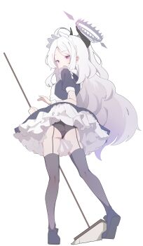 1girl absurdres ahoge alternate_costume apron ass black_halo black_horns blue_archive breasts broom broom_riding demon_girl demon_horns from_behind full_body garter_straps halo highres hina_(blue_archive) holding holding_broom horns light_blush loli long_hair looking_at_viewer looking_back maid maid_apron maid_headdress missing_wings parted_bangs purple_eyes s10021 simple_background small_breasts solo thighhighs white_background white_hair zettai_ryouiki