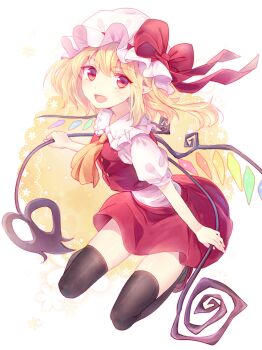1girl :d ascot black_thighhighs blonde_hair bow commentary_request cropped_vest crystal_wings demon_wings fang flandre_scarlet frilled_hat frilled_shirt_collar frills full_body hat hat_bow hat_ribbon kneeling kurami_(kohaku.) laevatein_(touhou) mob_cap open_mouth pointy_ears puffy_short_sleeves puffy_sleeves red_bow red_eyes red_ribbon red_shoes red_skirt revision ribbon shoes short_hair short_sleeves simple_background skin_fang skirt smile solo thighhighs touhou vest white_background white_hat wings yellow_ascot