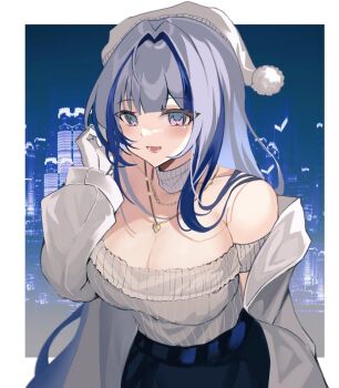 Rule 34 | 1girl, :d, bare shoulders, blue hair, breasts, choker, city, cleavage, commentary request, girls' frontline, girls' frontline neural cloud, gloves, grey choker, grey hair, grey sweater, hubble (lovely star-dusted night) (neural cloud), hubble (neural cloud), jewelry, komuer, large breasts, long hair, long sleeves, looking at viewer, multicolored hair, necklace, off-shoulder sweater, off shoulder, open mouth, pom pom (clothes), purple eyes, ribbed sweater, smile, solo, streaked hair, sweater, upper body, white gloves, white headwear