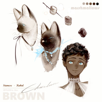 1boy black_hair blue_eyes cat dark-skinned_male dark_skin dungeon_meshi food highres kabru looking_at_viewer marshmallow minodreamland short_hair siamese_cat smile solo