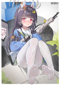 1girl absurdres animal_ears black_gloves black_hair blue_archive blue_shirt blush bright_pupils commentary_request doodle_sensei_(blue_archive) fake_animal_ears feet gloves gun highres holding holding_gun holding_weapon leaf long_hair looking_at_viewer miyu_(blue_archive) open_mouth pantyhose rabbit_ears red_eyes sailor_collar see-through_pantyhose sensei_(blue_archive) shirt solo very_long_hair weapon wet wet_clothes wet_pantyhose white_pantyhose white_pupils white_sailor_collar xiaojuan_(user_ezvt7287)