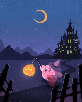 blush_stickers commentary_request crescent_moon halloween hat highres holding jack-o'-lantern kirby kirby_(series) miclot moon mountainous_horizon night nintendo no_humans outdoors path purple_eyes purple_hat road sky solo star_(sky) starry_sky walking witch_hat