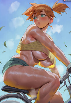 1girl ai-assisted alternate_breast_size_(larger) areola_slip bare_shoulders bicycle blue_eyes blue_sky blush breasts crop_top day denim denim_shorts female_focus green_eyes hot large_breasts leaf looking_back misty_(pokemon) nintendo nipple_slip nipples no_bra on_bicycle orange_hair outdoors parted_lips patreon_logo patreon_username pokemon pokemon_(anime) pokemon_(classic_anime) riding see-through_clothes see-through_shirt shexyo shiny_skin shirt short_hair short_shorts shorts side_ponytail sitting sky solo steaming_body sweat tank_top thick_lips thick_thighs thighs underboob watermark web_address yellow_shirt yellow_tank_top