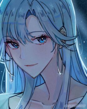 artist_name blue_background blue_eyes blue_hair closed_mouth collarbone commentary earrings english_commentary highres hoop_earrings iris_wen jewelry looking_at_viewer love_curse:_find_your_soulmate portrait smile tagme twitter_username yananeruu