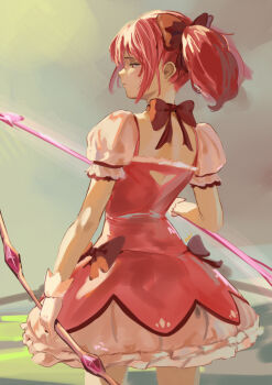 1girl arrow_(projectile) bow bow_(weapon) bow_choker bubble_skirt choker dress frilled_sleeves frills gloves hair_bow highres kaname_madoka kaname_madoka_(magical_girl) magical_girl mahou_shoujo_madoka_magica mahou_shoujo_madoka_magica_(anime) pink_dress pink_eyes pink_hair red_bow red_choker rurikon short_sleeves short_twintails sidelocks skirt solo twintails weapon white_gloves