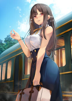 1girl black_hair blunt_bangs breasts day hinoru_saikusa long_hair long_skirt medium_breasts original outdoors pink_nails red_eyes shirt skirt sleeveless sleeveless_shirt solo suitcase train watch wristwatch