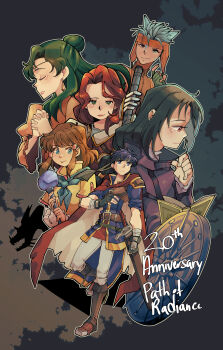 Rule 34 | 3boys, 3girls, absurdres, animal ears, anniversary, black hair, blue hair, breasts, cat boy, cat ears, charmwitch, closed eyes, copyright name, elincia ridell crimea, fire emblem, fire emblem: path of radiance, green hair, highres, holding, holding staff, ike (fire emblem), looking at viewer, mist (fire emblem), multiple boys, multiple girls, nintendo, own hands clasped, own hands together, ranulf (fire emblem), red hair, small breasts, smile, soren (fire emblem), staff, titania (fire emblem)