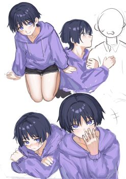 +++ 070203wjx 1boy alternate_costume arms_at_sides black_hair black_shorts blunt_ends blush bright_pupils casual choppy_bangs closed_mouth contemporary covering_own_mouth crossed_arms dolphin_shorts drawstring genshin_impact grin hair_intakes hand_on_another's_chest hand_on_own_arm hand_over_own_mouth highres holding_another's_arm hood hood_down hoodie legs_together long_sleeves looking_at_another looking_at_viewer lying male_focus multiple_views on_stomach open_hands open_mouth osugaki purple_eyes purple_hood purple_hoodie purple_sleeves raised_eyebrows scaramouche_(genshin_impact) seiza short_shorts shorts sitting sketch smile sweatdrop teeth thigh_gap tsurime viewer_self-insert white_background white_pupils