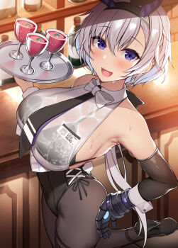 1girl animal_ears arm_strap azur_lane backless_leotard bikini black_bikini black_leotard black_necktie blouse blurry bow bowtie breasts depth_of_field fake_animal_ears floral_print from_above hand_on_own_hip high_heels indoors large_breasts leotard leotard_under_clothes mechanical_hands metal_gloves necktie official_alternate_costume parted_hair playboy_bunny purple_eyes rabbit_ears reno_(azur_lane) reno_(reno_bunnino)_(azur_lane) see-through_clothes see-through_shirt shirt side-tie_bikini_bottom side-tie_leotard silver_hair single_mechanical_hand skindentation sleeveless sleeveless_shirt swimsuit wet wet_clothes wet_shirt white_bow white_bowtie white_shirt xe_(execut3r)