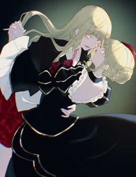 2girls absurdres beatrice_(umineko) blue_eyes choker commentary dress dual_persona flower frilled_choker frilled_dress frills hair_down hair_flower hair_ornament highres holding_hands long_hair looking_at_another multiple_girls necktie pink_necktie red_flower red_rose red_skirt rose short_hair skirt smile tukijirou960 umineko_no_naku_koro_ni