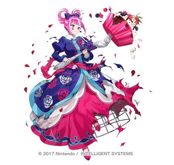 1girl battle_damage blue_dress blunt_bangs blush bouquet breasts closed_mouth commentary_request cupcake damaged dress facial_mark fire_emblem fire_emblem_engage fire_emblem_heroes floral_print floral_print_dress flower food fork fruit giant_fork hair_rings heart heart_facial_mark holding holding_bouquet holding_fork hortensia_(cutesplosion)_(fire_emblem) hortensia_(fire_emblem) long_sleeves looking_at_viewer multicolored_hair nintendo official_alternate_costume official_art pink_eyes pink_hair print_dress shoes simple_background small_breasts solo strawberry torn_clothes torn_dress two-tone_hair tym_taro white_background