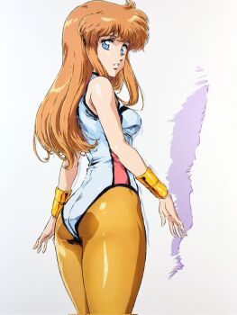 1girl armlet ass blue_eyes bracer breasts brown_hair commentary_request dangaiou from_behind highleg highleg_leotard highres jewelry leotard long_hair looking_back mia_alice pantyhose smash_k-tarou solo standing thighs white_leotard yellow_pantyhose