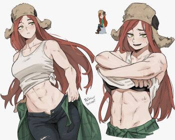 1girl :d abs absurdres artist_name black_bra bra commentary cropped_legs dashi_(dashiart) english_commentary flannel freckles fur_hat gravity_falls green_eyes hat highres long_hair looking_to_the_side multiple_views muscular muscular_female navel open_fly open_mouth pants parted_lips patreon_username red_hair reference_inset shirt simple_background smile stomach sweat tank_top tied_shirt toned toned_female torn_clothes torn_pants underwear ushanka very_long_hair wendy_corduroy white_background