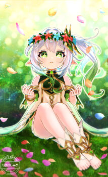 1girl bare_shoulders blue_flower commentary_request cross-shaped_pupils detached_sleeves dress flower flower_wreath genshin_impact gold_trim gradient_hair grass green_eyes green_hair green_sleeves hair_between_eyes hair_ornament han_(riyonosyumi) head_wreath highres leaf_hair_ornament long_hair looking_at_viewer multicolored_hair nahida_(genshin_impact) on_grass parted_lips pointy_ears red_flower side_ponytail sitting sleeveless sleeveless_dress solo stirrup_legwear symbol-shaped_pupils toeless_legwear toes watermark white_dress white_hair