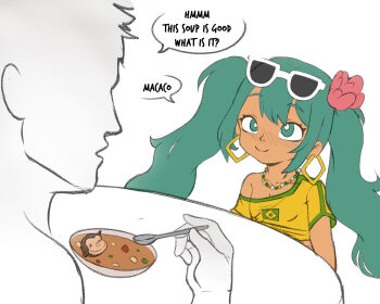 1boy 1girl aqua_eyes aqua_hair blush brazilian_flag brazilian_flag_print brazilian_miku closed_mouth collarbone crop_top curious_george curious_george_(character) earrings english_text faceless faceless_male flag_print flat_chest g_reaper hair_ornament hatsune_miku highres jewelry long_hair looking_at_another monkey necklace nose_blush off_shoulder shirt simple_background smile solo_focus speech_bubble sunglasses_on_head twintails vocaloid white-framed_eyewear white_background yellow_shirt