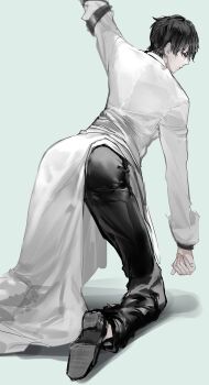 1boy arm_up ass black_eyes black_hair coat cuffs expressionless full_body handcuffs highres kim_dokja kneeling kyou_tayaoi male_focus omniscient_reader&#039;s_viewpoint open_clothes open_coat pelvic_curtain short_hair solo toned toned_male twisted_torso white_coat