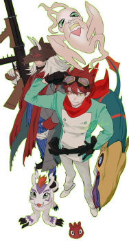 Rule 34 | 2boys, absurdres, assault rifle, astamon, black coat, black gloves, blue pants, blue vest, brown hair, coat, demon boy, digimon, digimon (creature), digimon story: time stranger, dragon, gloves, goggles, gomamon, green jacket, grey hair, group picture, gun, highres, holding, holding gun, holding weapon, jacket, male focus, marinangemon, medium hair, multicolored jacket, multiple boys, o kura o, pants, punimon, red scarf, rifle, scarf, seadramon, short hair, two-tone jacket, vest, weapon, white jacket, yuuki dan
