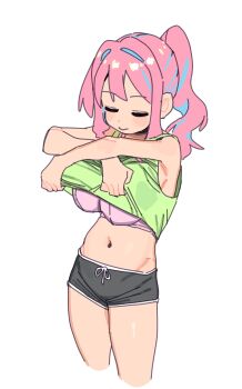 Rule 34 | 1girl, absurdres, bare arms, black shorts, blue hair, bra, breasts, closed eyes, cropped legs, green tank top, highres, hozuki kaede, large breasts, lifting own clothes, midriff, multicolored hair, navel, onii-chan wa oshimai!, pink bra, pink hair, ponytail, short shorts, shorts, sidelocks, simple background, solo, streaked hair, tank top, two-tone hair, underwear, undressing, white background, yana (muuimiingan)