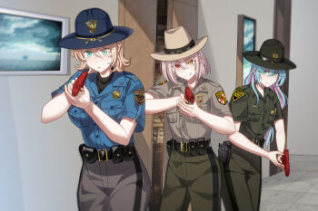 3girls :o :q absurdres belt black_belt blonde_hair blue_hair blue_hat blue_shirt bob_cut braid breast_pocket brown_hat buttons campaign_hat chinese_commentary closed_mouth colorado colorado_(warship_girls_r) colorado_state_patrol colored_inner_hair commentary_request conscript96 cowboy_hat green_hat green_pants grey_pants gun handgun hat heterochromia highres indoors maryland maryland_(warship_girls_r) maryland_state_police multicolored_hair multiple_girls paint_gun pants parted_lips patch pink_hair pocket police police_uniform policewoman pouch red_eyes sheriff_badge shirt short_hair short_sleeves smile standing tongue tongue_out two-tone_hair undershirt united_states variant_set warship_girls_r weapon west_virginia west_virginia_(warship_girls_r) west_virginia_state_police yellow_eyes