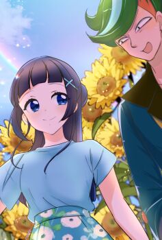 1boy 1girl aokaze_nana bare_arms bloom blue_eyes blue_hair blue_shirt blue_skirt blunt_bangs collarbone couple earrings field floral_print floral_print_skirt flower flower_field gradient_hair green_hair green_jacket hair_ornament hairpin half_up_bun highres jacket jewelry kasakasako kimi_to_idol_precure long_hair long_sleeves looking_at_another looking_down looking_to_the_side mature_male multicolored_hair neck open_clothes open_jacket open_mouth parted_bangs precure print_skirt rainbow shirt short_hair short_sleeves skirt smile straight_hair summer sunflower sunflower_field twitter_username zakkuri_(precure)