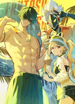 1girl 2boys abs bikini billy_kid black_bikini blonde_hair cherry closed_mouth commentary cup dog_tags drinking_straw english_commentary food fruit green_hair hat highres hinatsu holding holding_cup holding_food holding_swim_ring ice_cream ice_cream_cone innertube lighter_(zenless_zone_zero) long_hair luciana_de_montefio male_swimwear multiple_boys nipples red_eyes red_shirt robot_boy scar shirt side_ponytail simple_background star-shaped_eyewear star_(symbol) sunglasses swim_ring swimsuit toned toned_male topless_male visor_cap white_hair zenless_zone_zero