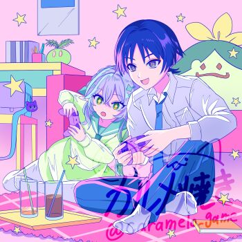 1boy 1girl alternate_costume aranara_(genshin_impact) arm_on_knee asymmetrical_sidelocks backpack bag blue_necktie blue_pants blunt_ends book breast_pocket caramelo_game chair choppy_bangs collared_shirt colored_inner_hair colorful contemporary controller cross-shaped_pupils crossed_bangs dress drinking_straw eyeliner eyeshadow genshin_impact glass green_dress green_eyes green_sailor_collar green_serafuku grey_eyes hair_between_eyes hair_intakes hair_ornament half_crown_braid highres holding indian_style indoors joystick leaf leaf_hair_ornament leaning_on_person leaning_to_the_side looking_past_viewer makeup multicolored_hair nahida_(genshin_impact) necktie open_mouth pants pantyhose pink_hair plant playing pocket pointy_ears potted_plant purple_hair red_eyeliner red_eyeshadow ringed_eyes sailor_collar scaramouche_(cat)_(genshin_impact) scaramouche_(genshin_impact) school_uniform serafuku shirt sidelocks sitting slime_(genshin_impact) socks star_(symbol) symbol-shaped_pupils table tareme tray tsurime twitter_username watermark white_hair white_pantyhose white_shirt white_socks yellow_pupils