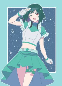 1girl ;d aqua_border border breasts cleavage clenched_hand commentary cowboy_shot fang fingerless_gloves frilled_sleeves frills gloves green_hair green_shirt green_skirt grey_gloves headphones headphones_around_neck high-low_skirt highres looking_at_viewer love_live! love_live!_nijigasaki_high_school_idol_club medium_hair midriff mifune_shioriko miniskirt one_eye_closed open_mouth outside_border pleated_skirt red_eyes salute shirt short_sleeves skirt smile solo star_(sky) starry_sky_background taiyakippassion