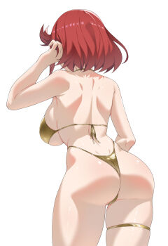 1girl ass bare_shoulders between_buttocks bikini breasts cowboy_shot from_behind gold_bikini highleg highleg_bikini highres large_breasts mzrz pyra_(xenoblade) short_hair simple_background solo swimsuit wardrobe_malfunction white_background xenoblade_chronicles_(series) xenoblade_chronicles_2