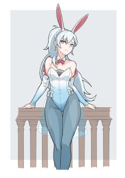 Rule 34 | 1girl, against fence, animal ears, bare shoulders, blue eyes, blue leotard, blue pantyhose, bow, bowtie, breasts, commentary, detached collar, detached sleeves, earrings, fake animal ears, fence, highleg, highleg leotard, highres, jewelry, leotard, long hair, looking at viewer, medium breasts, mori kuro pp, pantyhose, playboy bunny, ponytail, rabbit ears, red bow, red bowtie, rwby, scar, scar across eye, scar on face, showgirl skirt, solo, thigh gap, weiss schnee, white hair