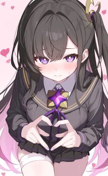 1girl absurdres black_hair black_serafuku black_shirt blush breasts chitose_(stella_sora) closed_mouth colored_inner_hair commentary_request cowboy_shot embarrassed heart heart_hands helthbuth highres large_breasts long_hair long_sleeves looking_at_viewer miniskirt multicolored_hair pink_background pink_hair pleated_skirt purple_eyes school_uniform serafuku shirt side_ponytail skirt solo stella_sora sweatdrop