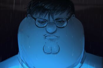 1boy blue_theme chainsaw_man cleft_chin closed_mouth family_guy fat fat_man highres kowai_(iamkowai) looking_at_viewer male_focus night outdoors peter_griffin rain round_eyewear scene_reference solo wet wet_hair