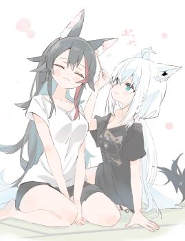 2girls ahoge animal_ear_fluff animal_ear_piercing animal_ears aqua_eyes between_legs black_hair black_shirt black_shorts blush braid breasts cleavage closed_eyes collarbone ear_cleaning fox_ears fox_girl fox_tail hair_between_eyes hand_between_legs hand_on_floor highres hololive long_hair loungewear medium_breasts mimikaki multicolored_hair multicolored_tail multiple_girls nabisuko25 official_alternate_costume on_floor ookami_mio print_shirt red_streaks seiza shirakami_fubuki shirakami_fubuki_(loungewear) shirt short_sleeves shorts sidelocks simple_background single_braid single_hair_streak single_off_shoulder sitting smile sound_effects streaked_hair tail tail_around_own_leg tail_wrap two-tone_tail virtual_youtuber white_background white_hair white_shirt wolf_ears wolf_girl wolf_tail