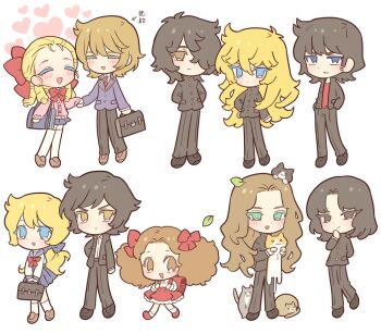 4girls 5boys alain_de_soissons andre_grandier animal arrow_(symbol) bag black_eyes black_footwear black_hair black_jacket black_pants blonde_hair blue_eyes bow bowtie brown_eyes brown_footwear brown_hair cardigan cat chibi closed_eyes closed_mouth commentary_request contemporary everyone full_body gakuran hair_bow hand_in_pocket hand_on_own_hip hans_axel_von_fersen heart holding holding_animal holding_bag holding_cat holding_hands jacket leaf long_hair long_sleeves looking_at_viewer loulou_de_la_laurencie marie_antoinette_(versailles_no_bara) meremero multiple_boys multiple_girls open_mouth oscar_francois_de_jarjayes pants parted_bangs pink_cardigan pleated_skirt red_bag red_bow red_bowtie red_shirt red_skirt rosalie_lamorliere school_bag school_uniform serafuku shirt shoes short_hair skirt smile socks standing translation_request twintails versailles_no_bara victor_clement_de_girodelle white_shirt white_socks