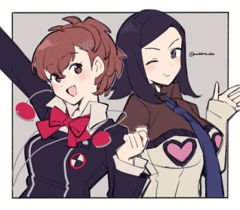 2girls amano_maya arm_up black_hair black_jacket blue_necktie blush border bow bowtie breasts brown_eyes brown_hair closed_mouth collared_shirt commentary_request do_m_kaeru earphones_removed gekkoukan_high_school_uniform hair_between_eyes hair_ornament hairclip heart heart_print jacket long_sleeves looking_at_viewer medium_breasts medium_hair multiple_girls necktie one_eye_closed open_hand open_mouth outside_border persona persona_2 persona_3 persona_3_portable red_bow red_bowtie school_uniform shiomi_kotone shirt smile swept_bangs twitter_username upper_body white_border white_shirt