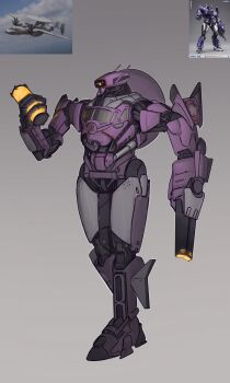 aircraft airplane arm_cannon awacs decepticon grey_background highres holding looking_down mecha one-eyed orange_eyes photo_inset reference_inset robot science_fiction shockwave_(transformers) simple_background solo transformers tungsten_hale vehicle_request walking weapon