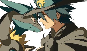 1boy arm_up black_shirt blue_hair blue_hat cape claws closed_mouth commentary_request crying crying_with_eyes_open from_side gen_4_pokemon grey_cape grey_eyes hat highres korean_commentary lucario male_focus nintendo pokemon pokemon_(creature) profile red_eyes riley_(pokemon) shirt short_hair simple_background sir_aaron sketch smile spikes tears white_background yo89689