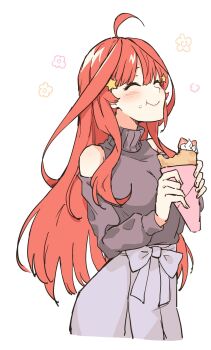 1girl ahoge bare_shoulders bow breasts closed_eyes closed_mouth cream cream_on_face crepe eating eyebrows_hidden_by_hair flower food food_on_face fruit go-toubun_no_hanayome grey_bow grey_skirt grey_sleeves grey_sweater hair_ornament happy high-waist_skirt high_collar highres holding holding_crepe holding_food long_hair long_sleeves medium_breasts nakano_itsuki profnote red_hair sidelocks simple_background skirt smile solo star_(symbol) star_hair_ornament strawberry sweater very_long_hair white_background